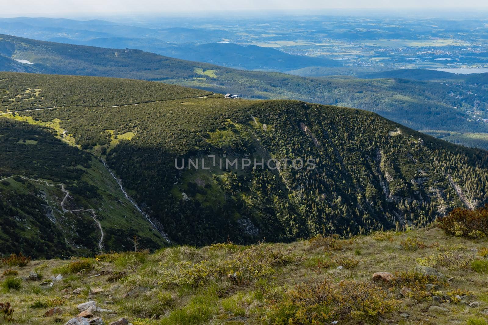 Panorama of Giant Mountains next to trail to Sniezka