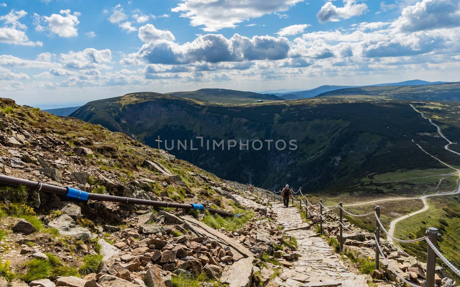 Long mountain trail with panorama of Karkonosze Giant Mountains around by Wierzchu