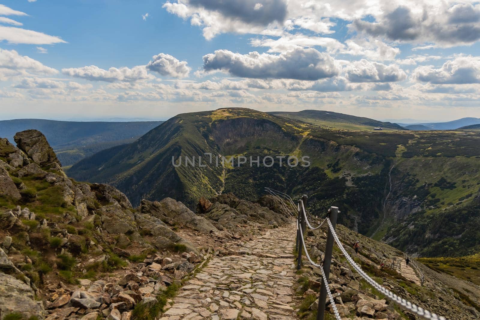 Long mountain trail with panorama of Karkonosze Giant Mountains around by Wierzchu