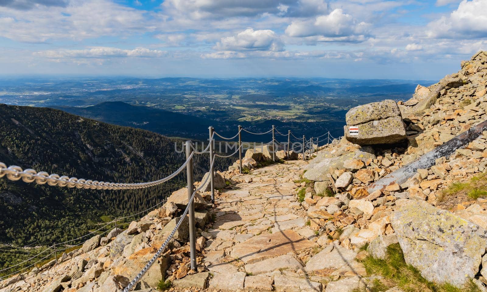 Long mountain trail with panorama of Karkonosze Giant Mountains around by Wierzchu