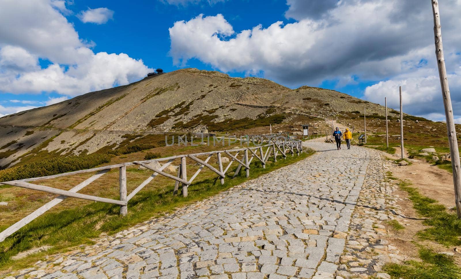 Long mountain trail with panorama of Karkonosze Giant Mountains around by Wierzchu