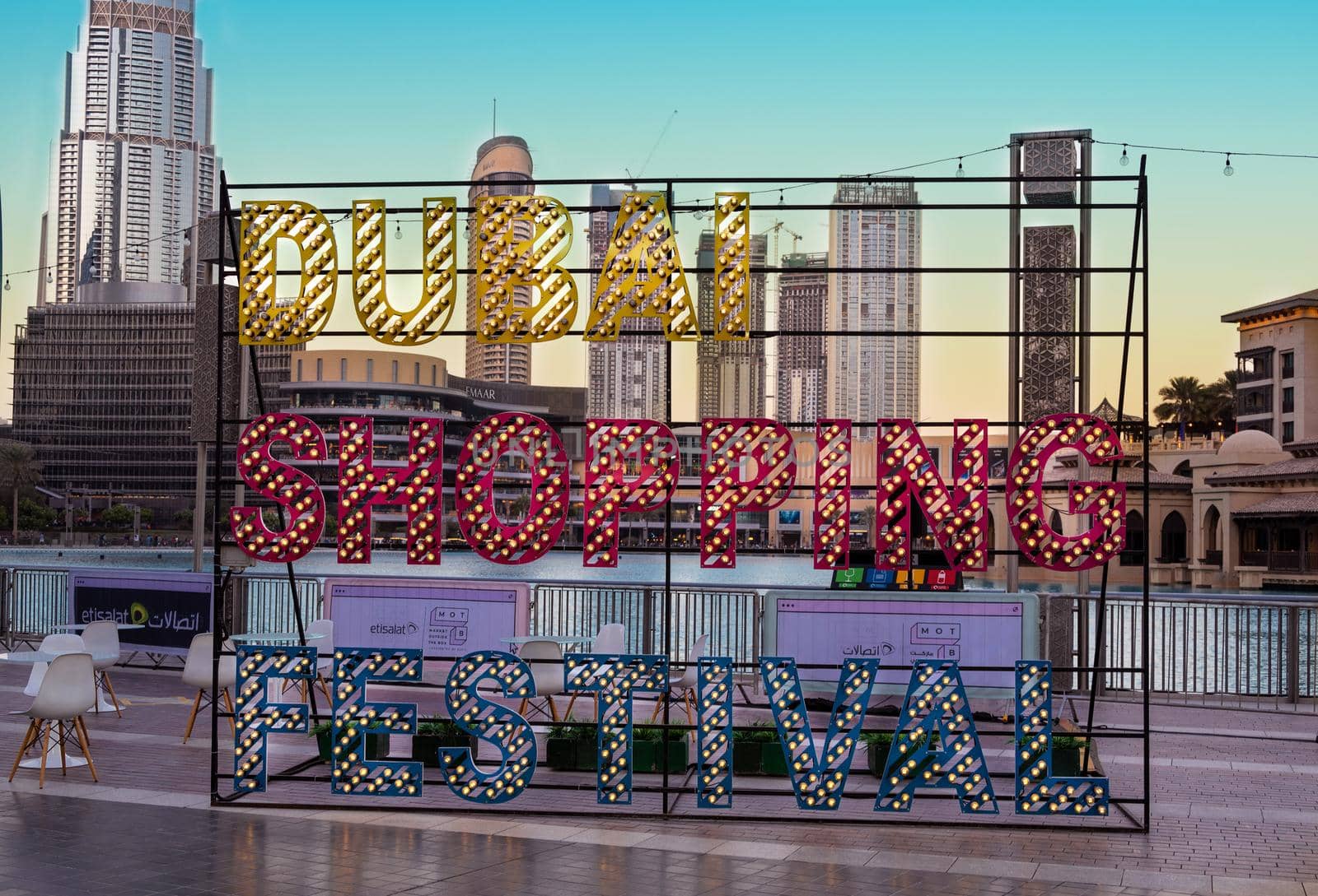 Jan 7th 2021, dubai, uae. Dubai shopping festival display at the busy recreational market at the Burj park, Dubai,UAE during the shopping festival. by sriyapixels