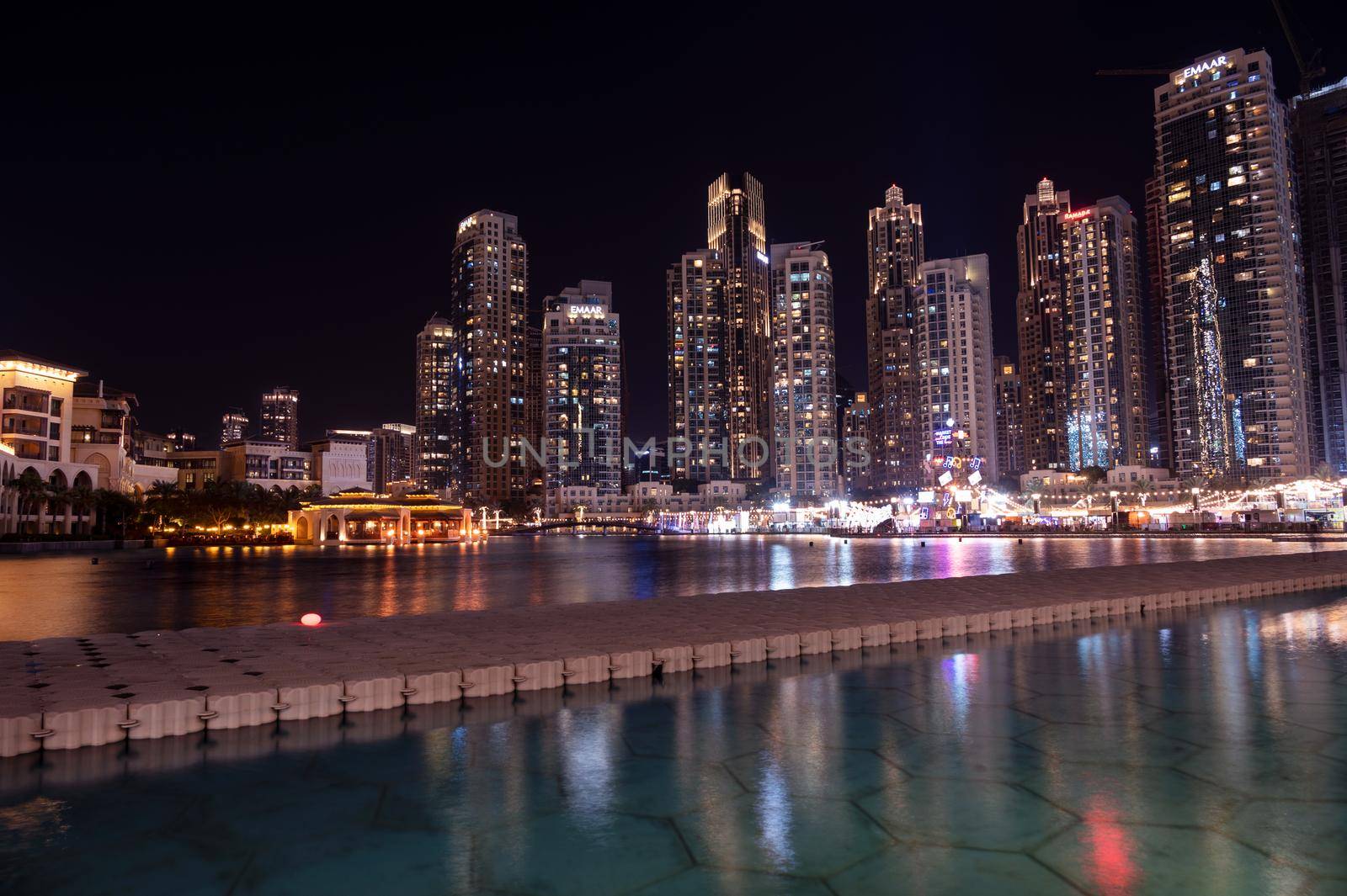 Jan 7th 2021, dubai, uae. View of the Beautifully illuminated apartments at the recreational boulevard area of the Burj park, Dubai,uae.