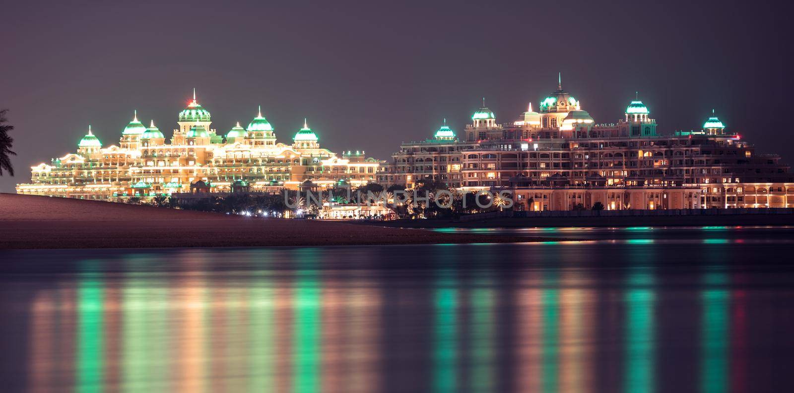 Jan 15th 2021-Dubai, United Arab Emirates. The beautifully illuminated Emerald Palace Kempinski hotel at night captured from The Pointe, Dubai,UAE.