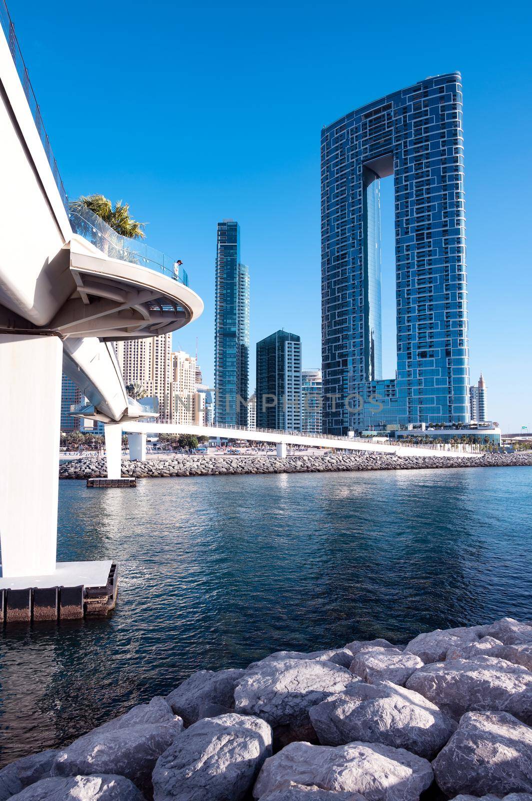 Jan 22, 2021, Dubai,UAE. Beautiful view of the Blue water residences and skyscrapers and the wharf bridge captured from the Ain Dubai, Blue water islands, Dubai , UAE.