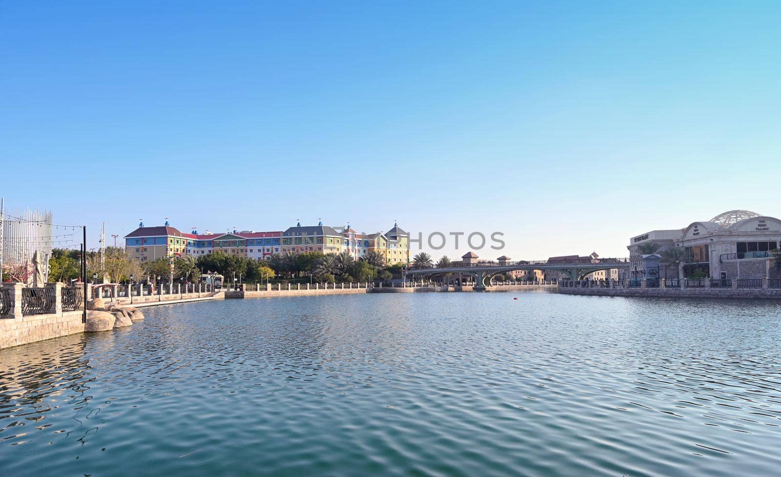 Feb 12th, 2021, Dubai,UAE. The beautiful view of the Legoland resort and the Irish village captured at the Riverland ,Dubai parks and resorts.