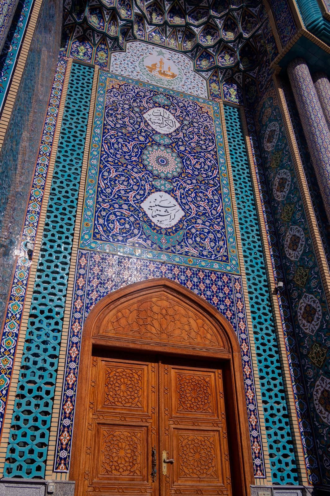 Feb 27th, 2021, Bur Dubai, UAE. View of the beautiful Iranian Mosque with intricate designs and wooden entrance door captured at Bur Dubai, UAE.