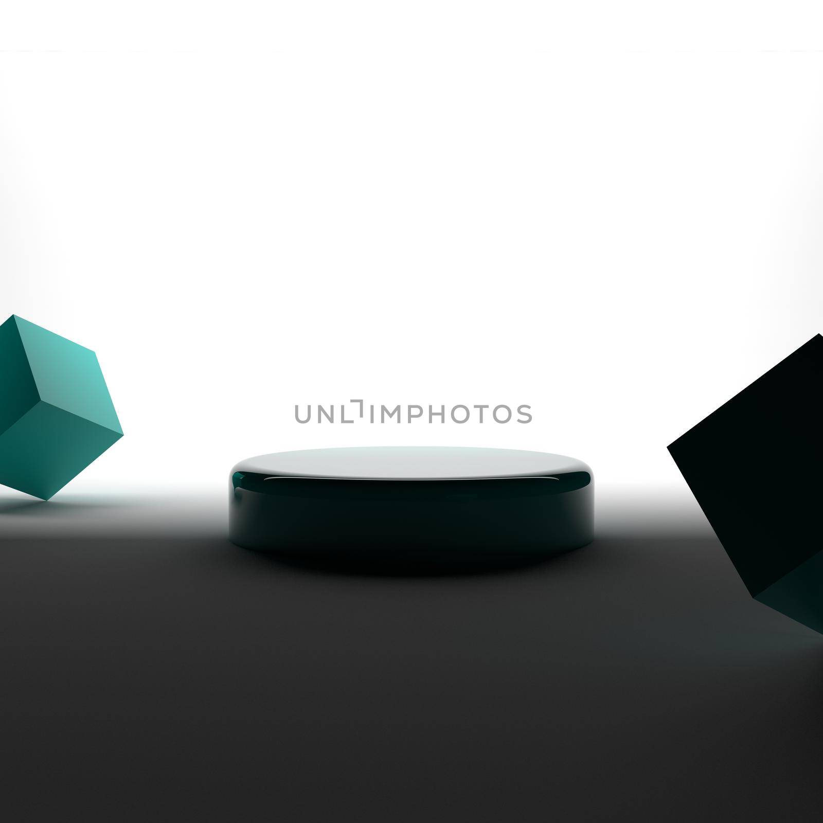 3D rendering stand podium with 2 levitate cubes on hard white backlight by egrostr