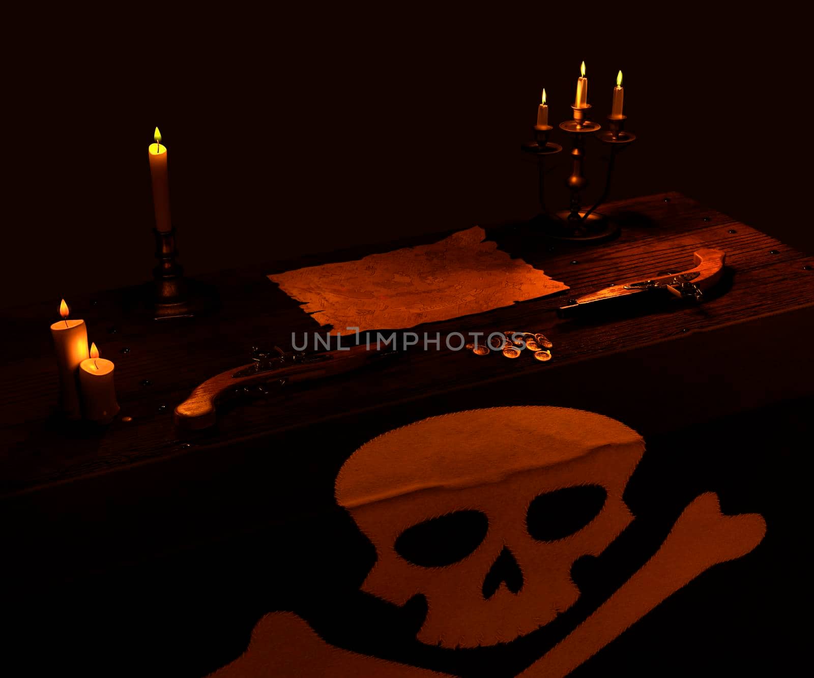 Pirate map with burning candles, flag and two guns by ankarb