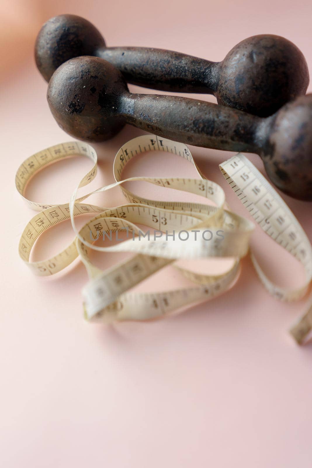 Diet Concept Slimming with Exercise, Black Drumbell on Floor, Fitness Sports