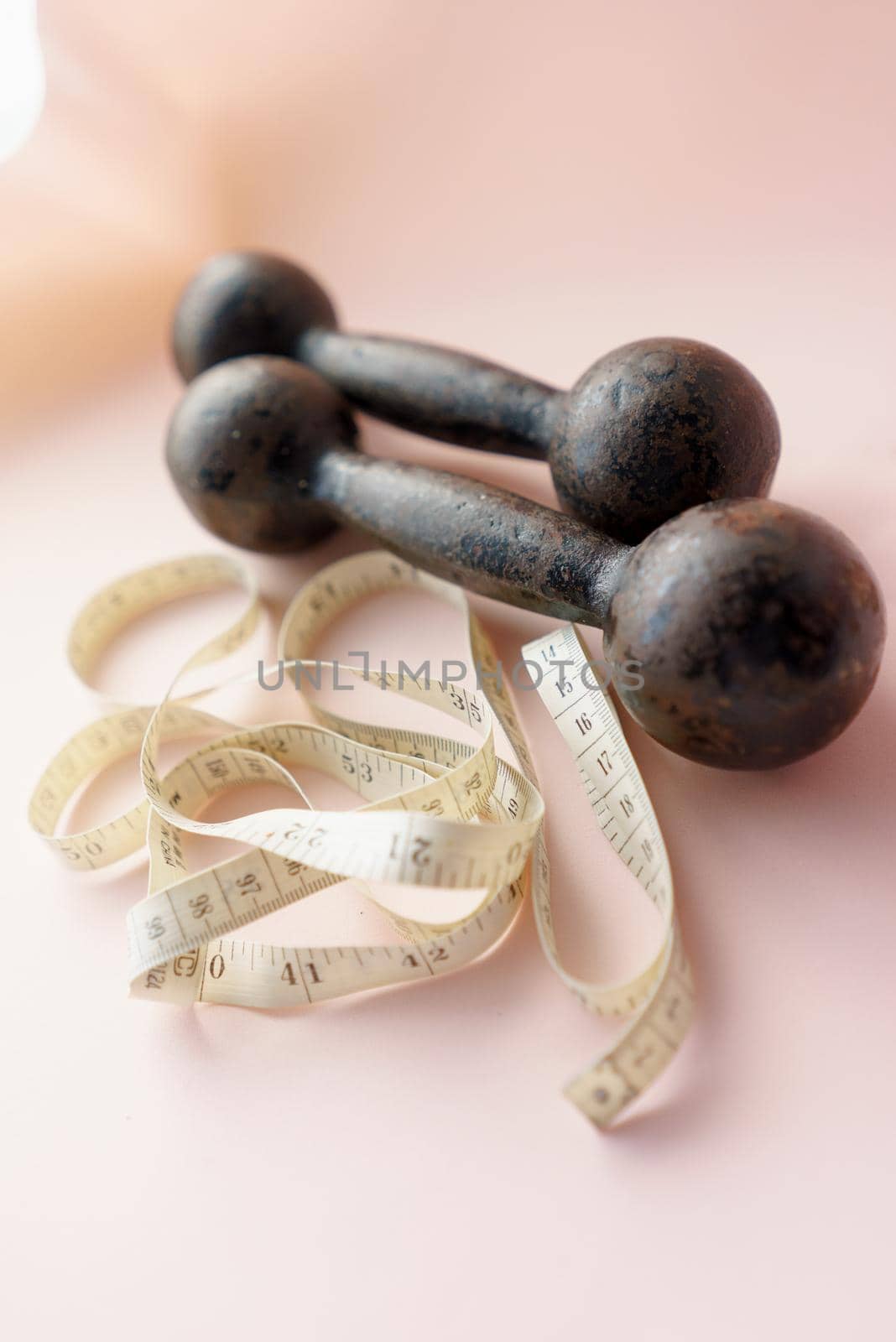 Diet Concept Slimming with Exercise, Black Drumbell on Floor, Fitness Sports