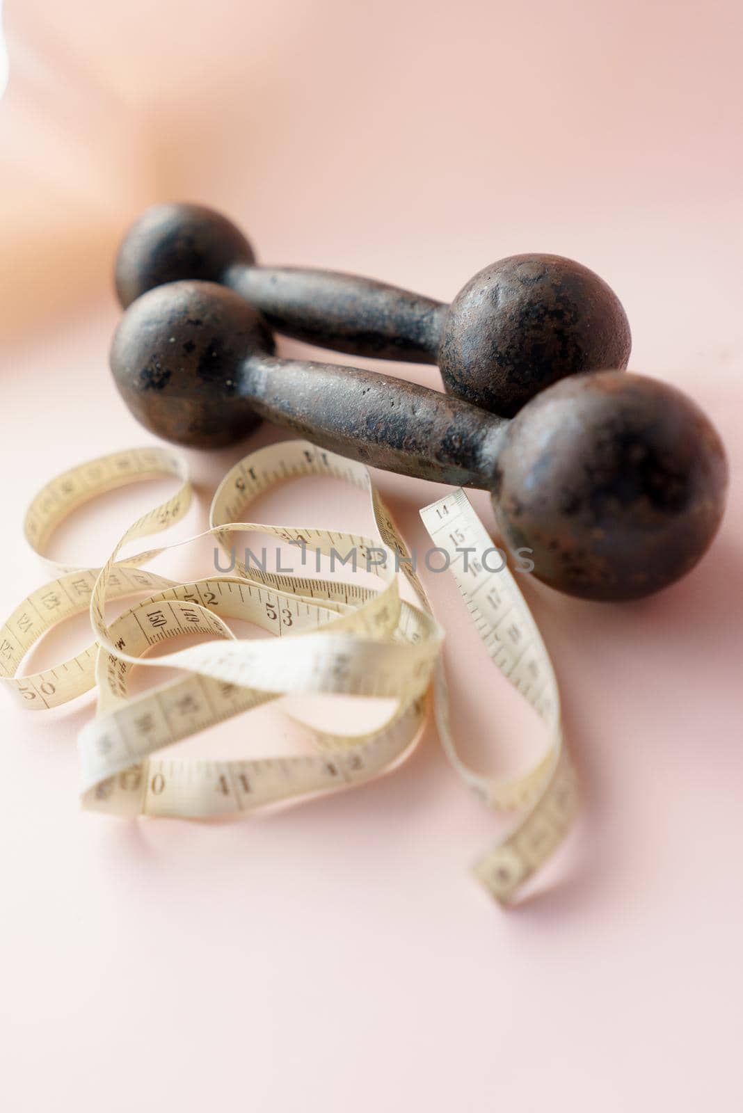 Diet Concept Slimming with Exercise, Black Drumbell on Floor, Fitness Sports