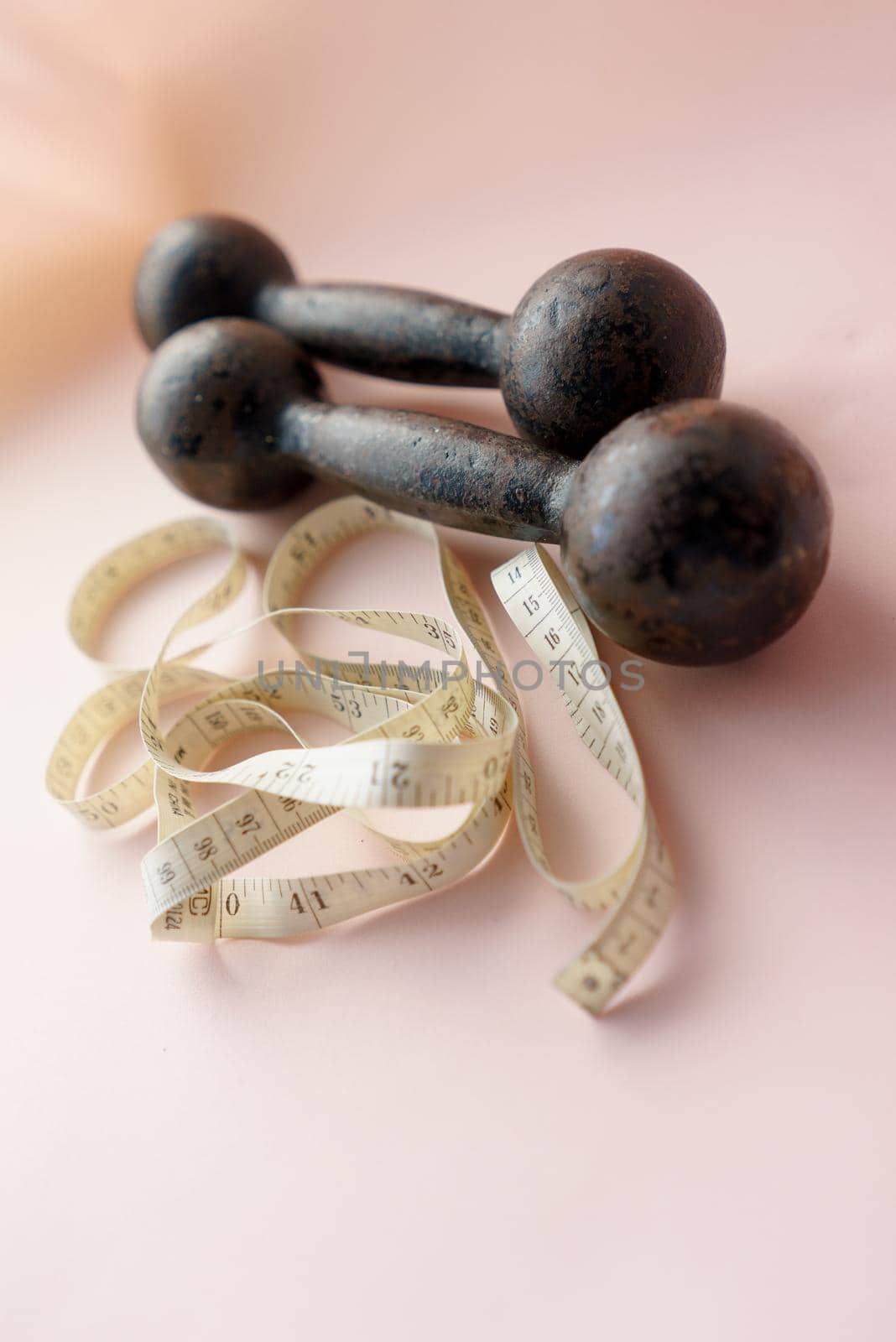 Diet Concept Slimming with Exercise, Black Drumbell on Floor, Fitness Sports