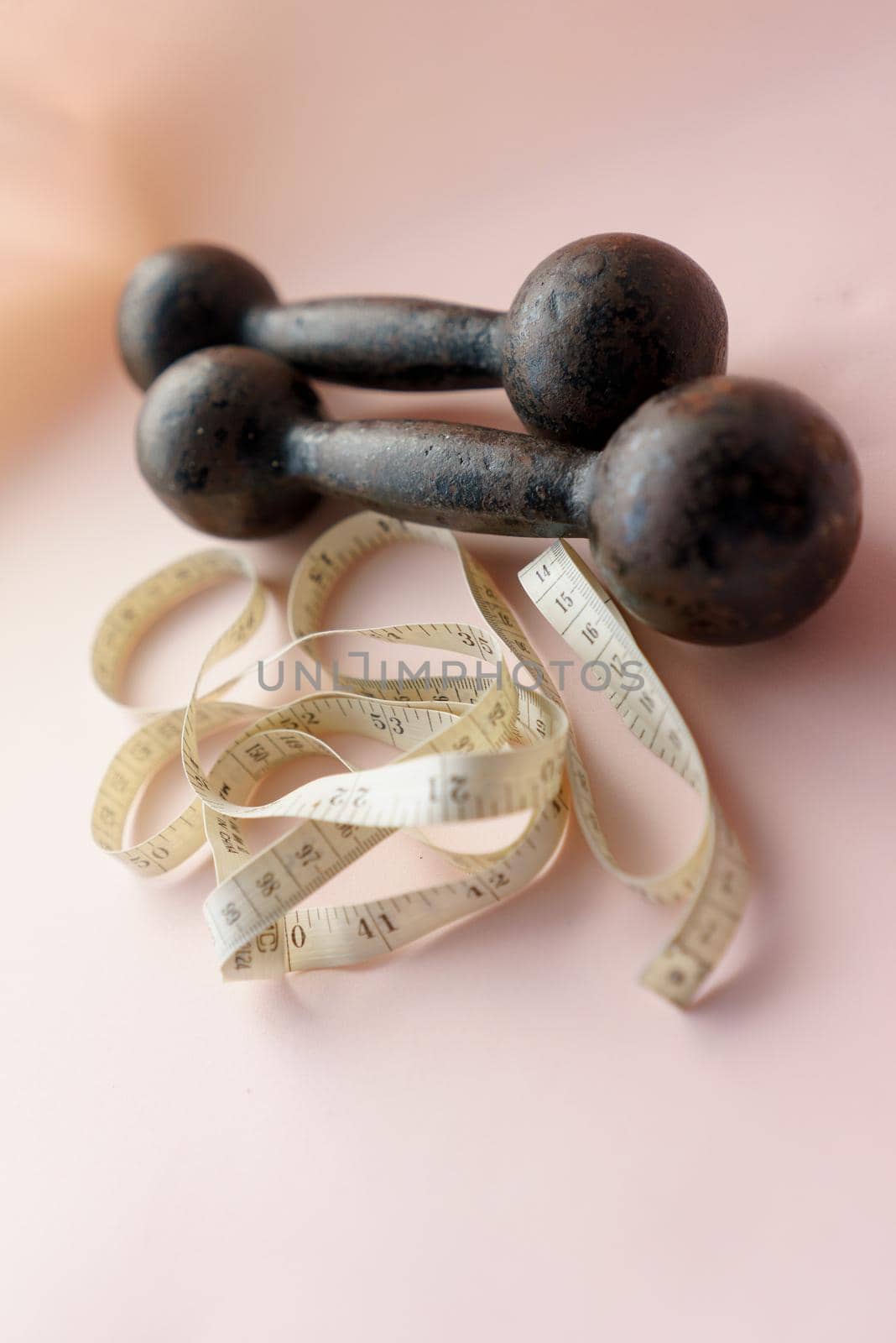 Diet Concept Slimming with Exercise, Black Drumbell on Floor, Fitness Sports