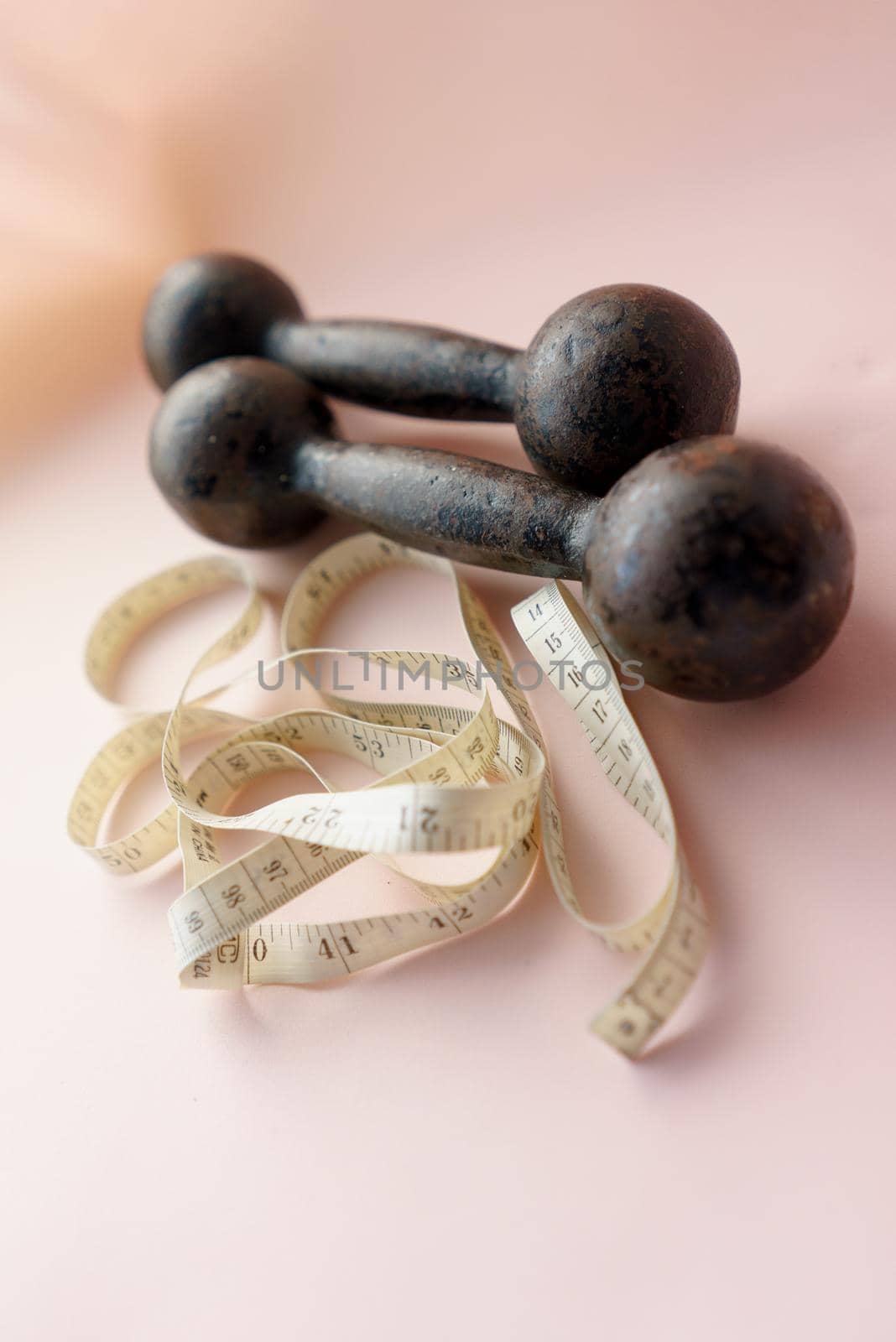 Diet Concept Slimming with Exercise, Black Drumbell on Floor, Fitness Sports