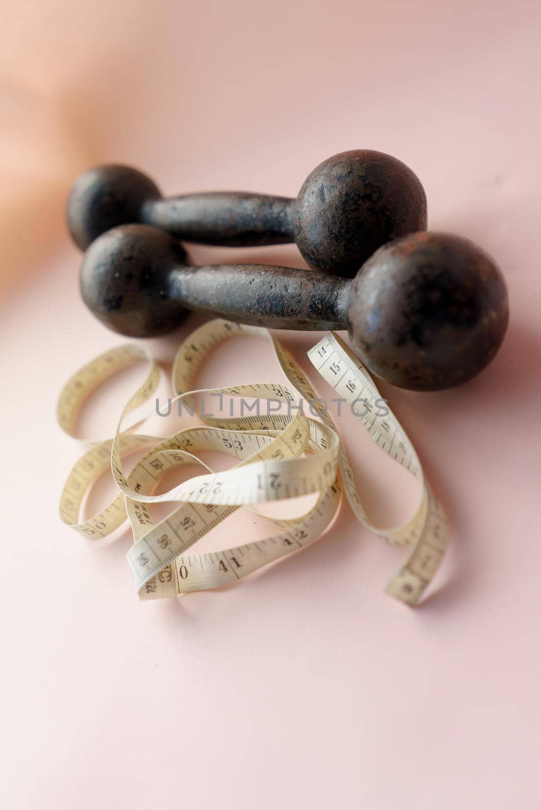 Diet Concept Slimming with Exercise, Black Drumbell on Floor, Fitness Sports