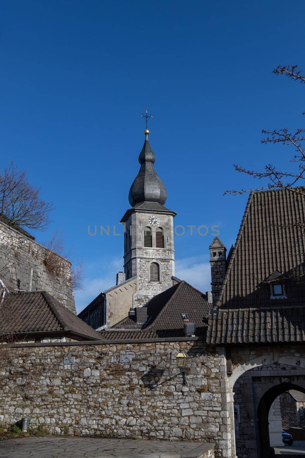 View at the tower of church Saint Lucia in Stolberg, Eifel, Germany