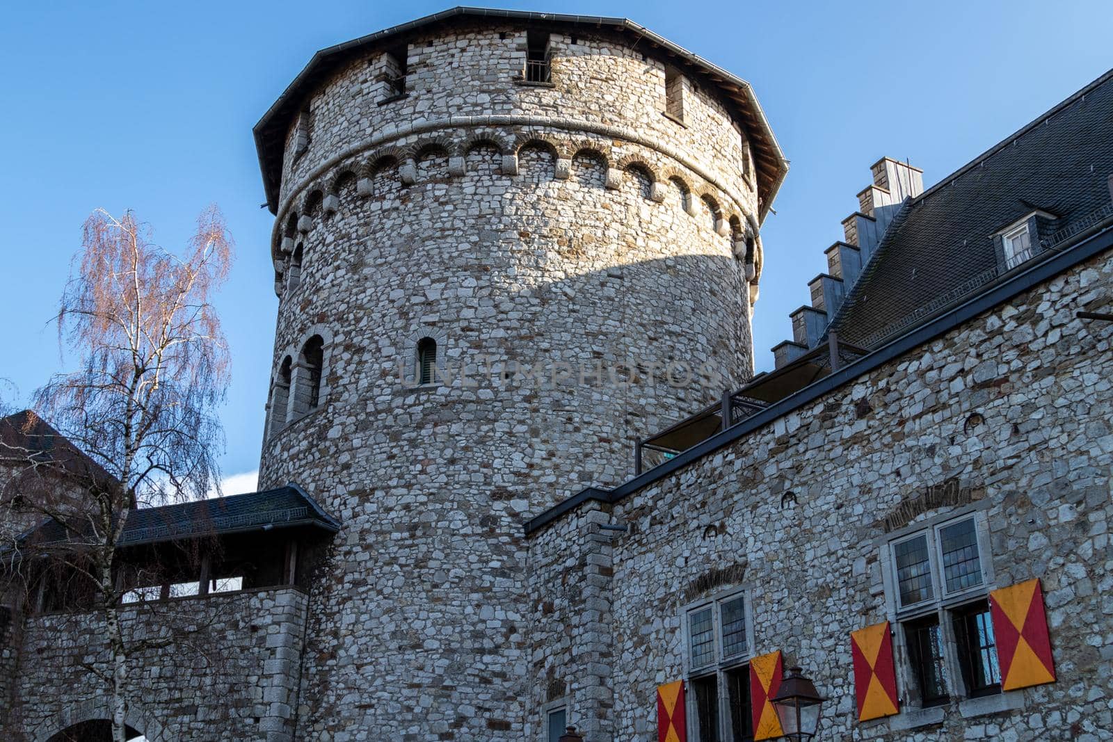 Low angle view at a tower of Stolberg castle in Stolberg, Eifel by reinerc