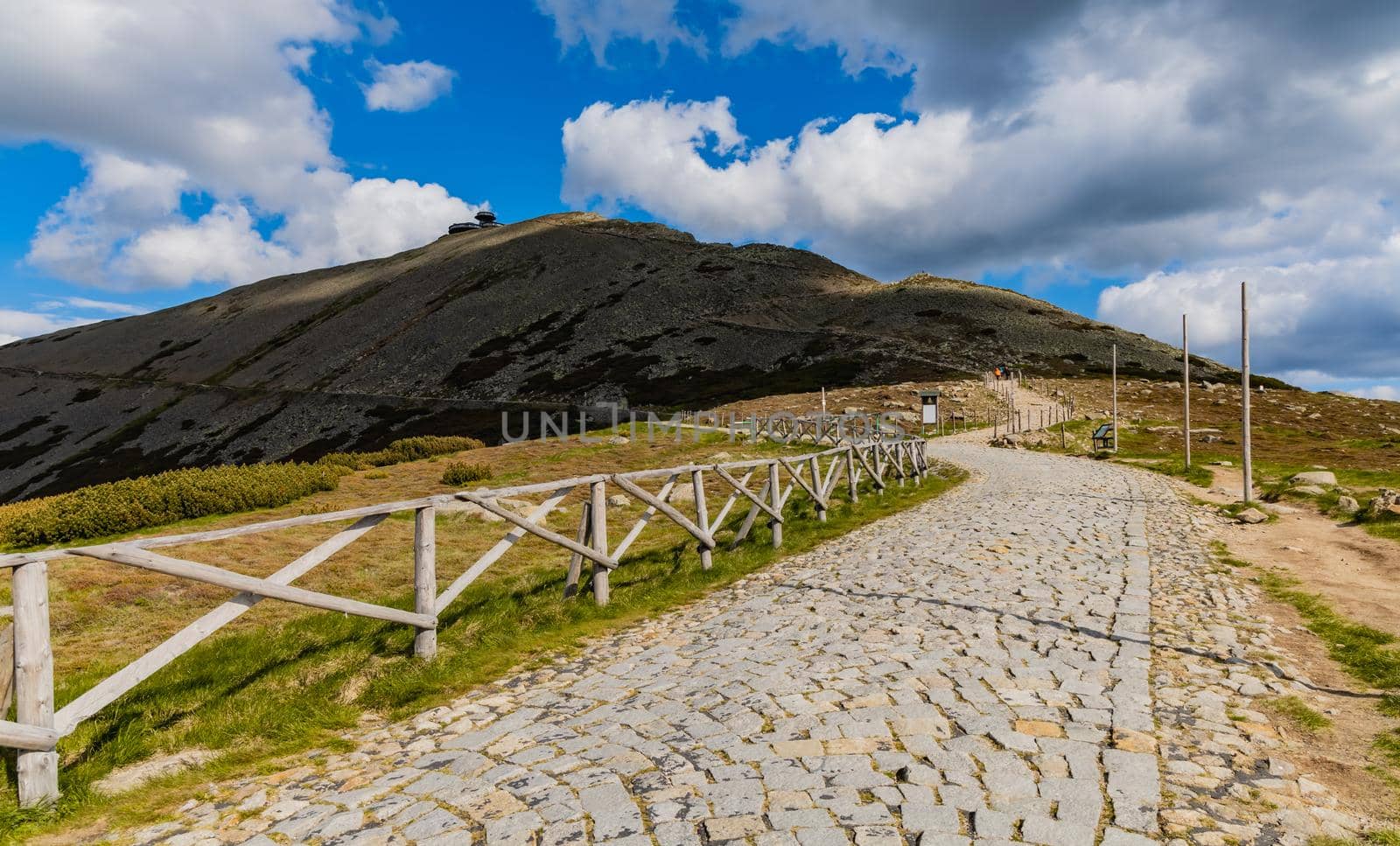 Long mountain trail with panorama of Karkonosze Giant Mountains around