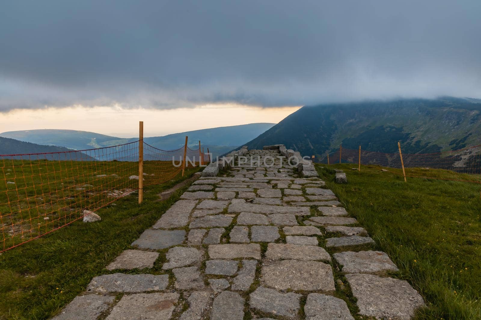 Long mountain trail with panorama of Karkonosze Giant Mountains around