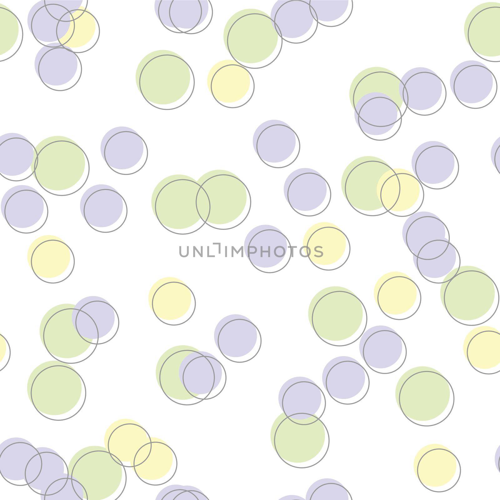 Multicolored circles on a light background. Seamless endless pattern pattern of circles yellow, purple, green color with gray strokes