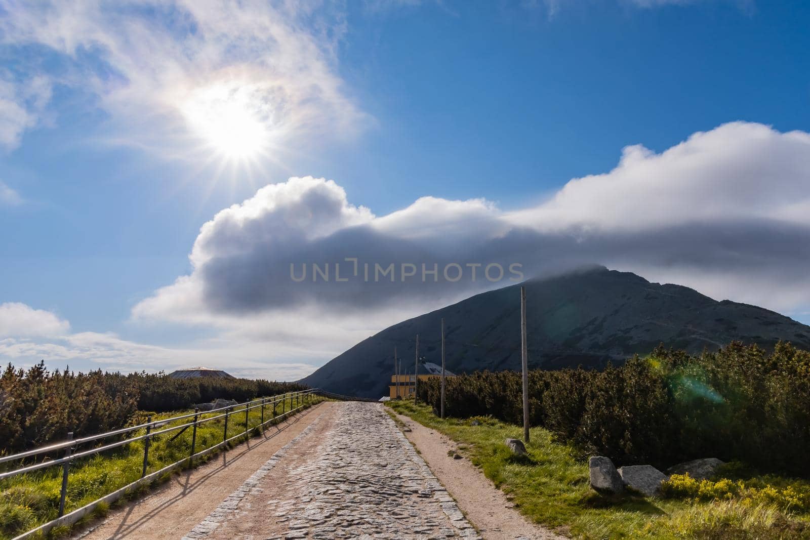 Long mountain trail with panorama of Karkonosze Giant Mountains around by Wierzchu