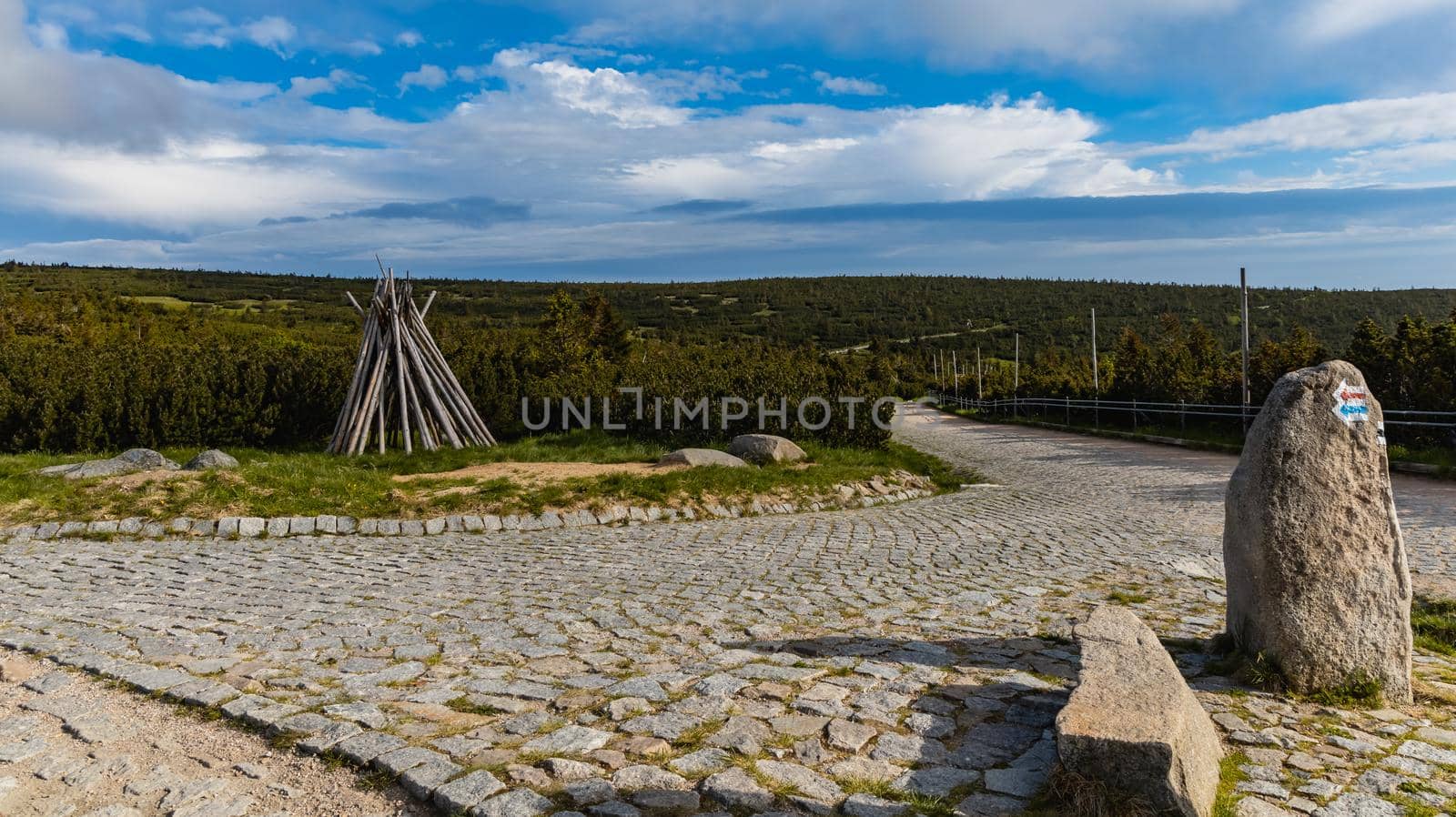 Long mountain trail with panorama of Karkonosze Giant Mountains around by Wierzchu