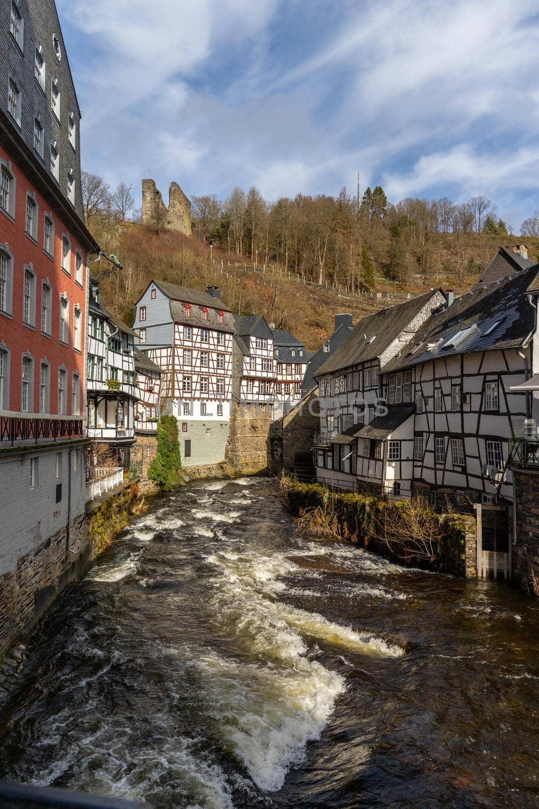 Half-timbered houses along the rur river in Monschau, by reinerc