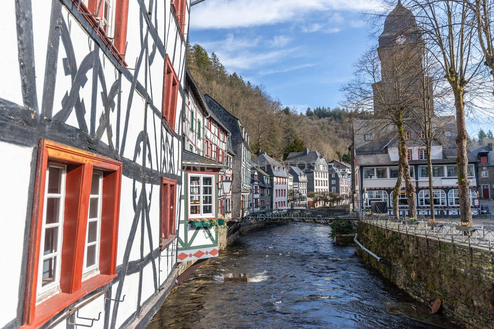 Half-timbered houses along the rur river in Monschau, by reinerc