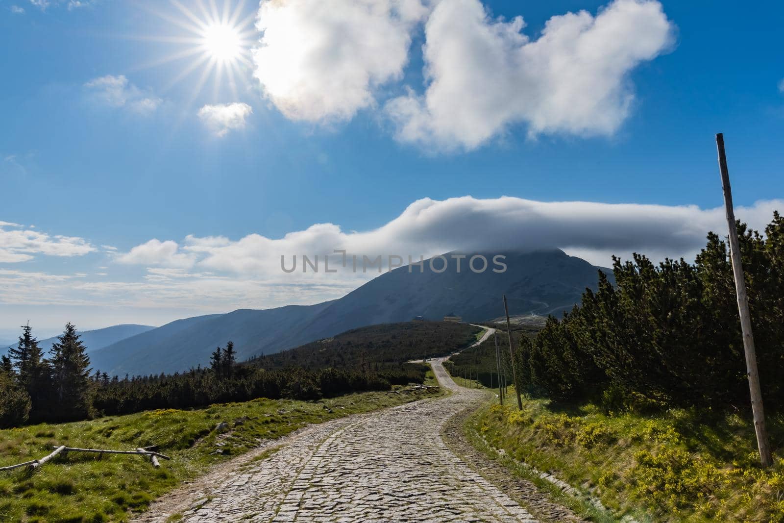 Long mountain trail with panorama of Karkonosze Giant Mountains around by Wierzchu