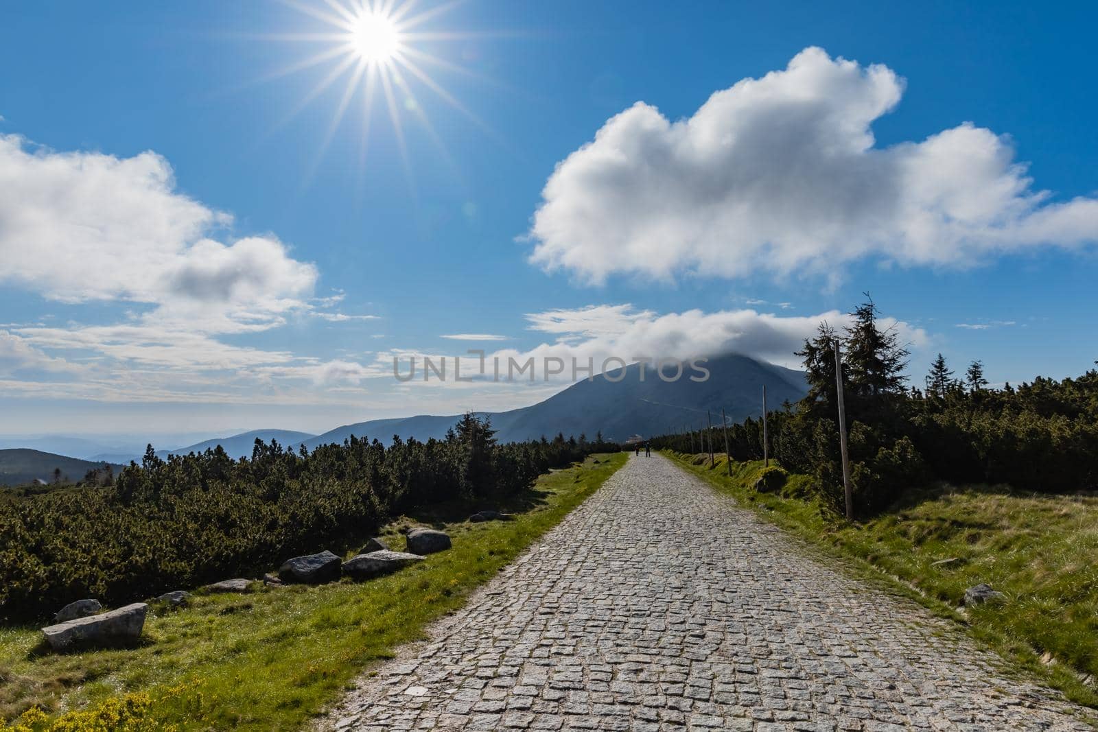 Long mountain trail with panorama of Karkonosze Giant Mountains around by Wierzchu