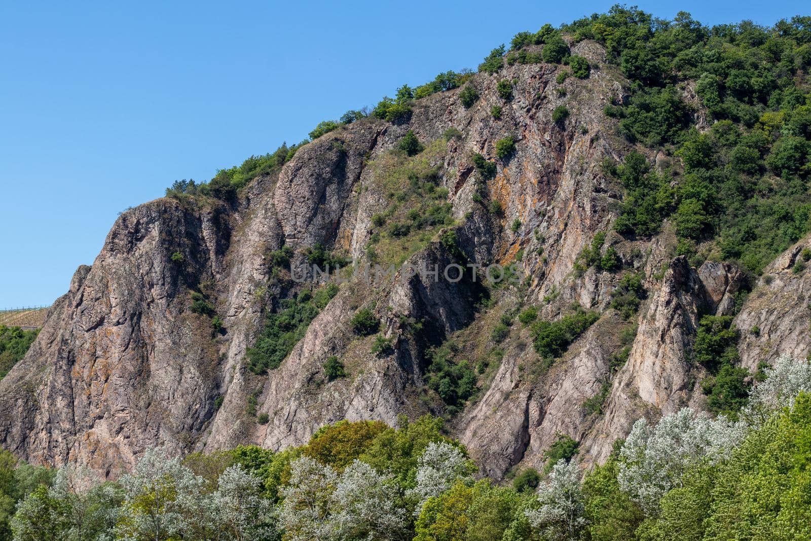 Scenic view of the rock massif Rotenfels nearby Bad Muenster am Stein Ebernburg at Nahe River