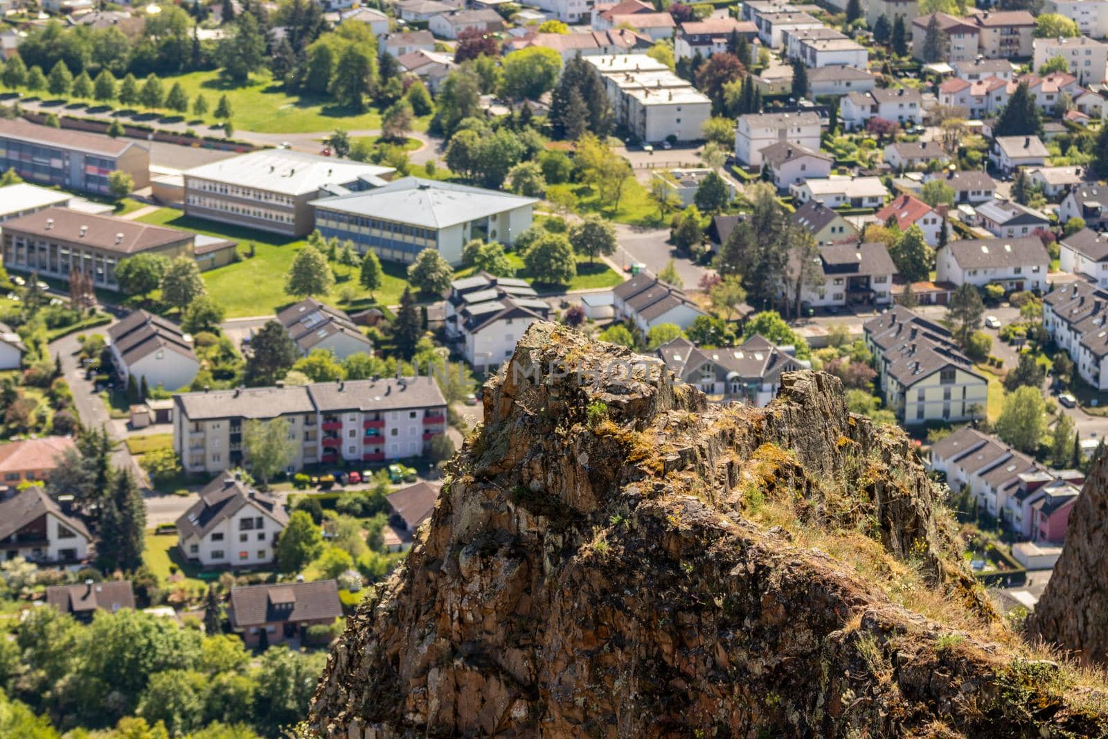 High angle view from the Rotenfels of Bad Muenster am Stein Ebernburg with rocks in the foreground