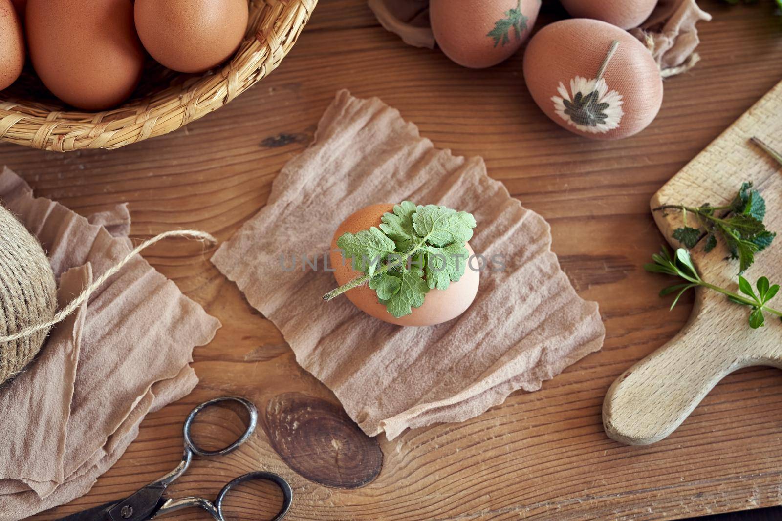 Preparation of Easter eggs for dying with onion peels with a pattern of fresh herbs