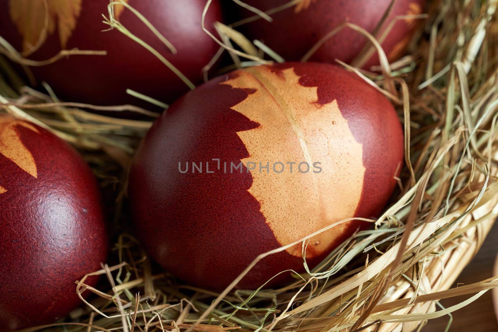 Easter eggs dyed with onion peels with a pattern of dandelion leaves in a basket by madeleine_steinbach