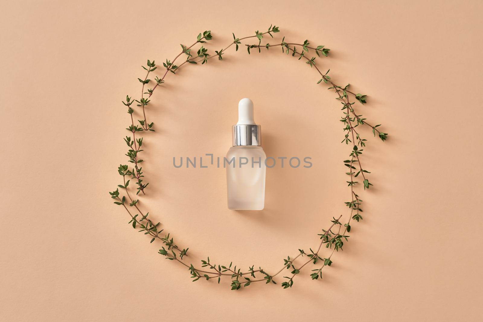 A bottle of essential oil with fresh thyme twigs in the form of a circle on pastel orange background, top view