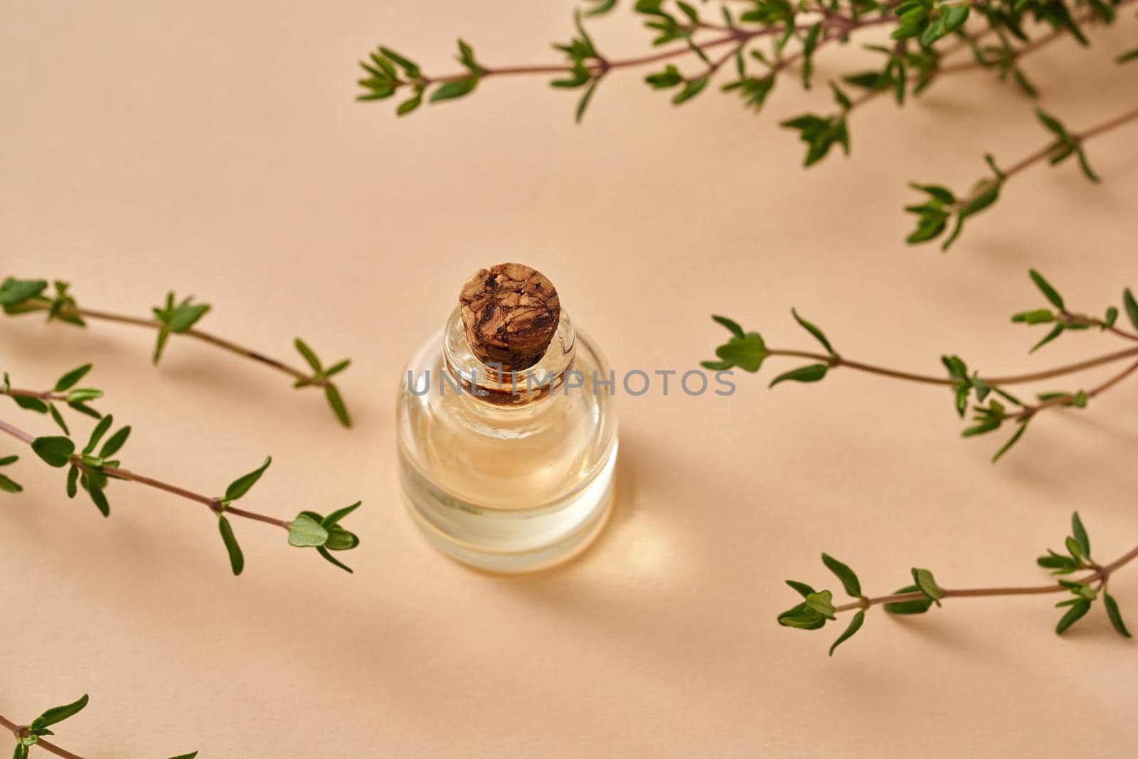 Essential oil bottle with fresh thyme twigs on pastel orange background