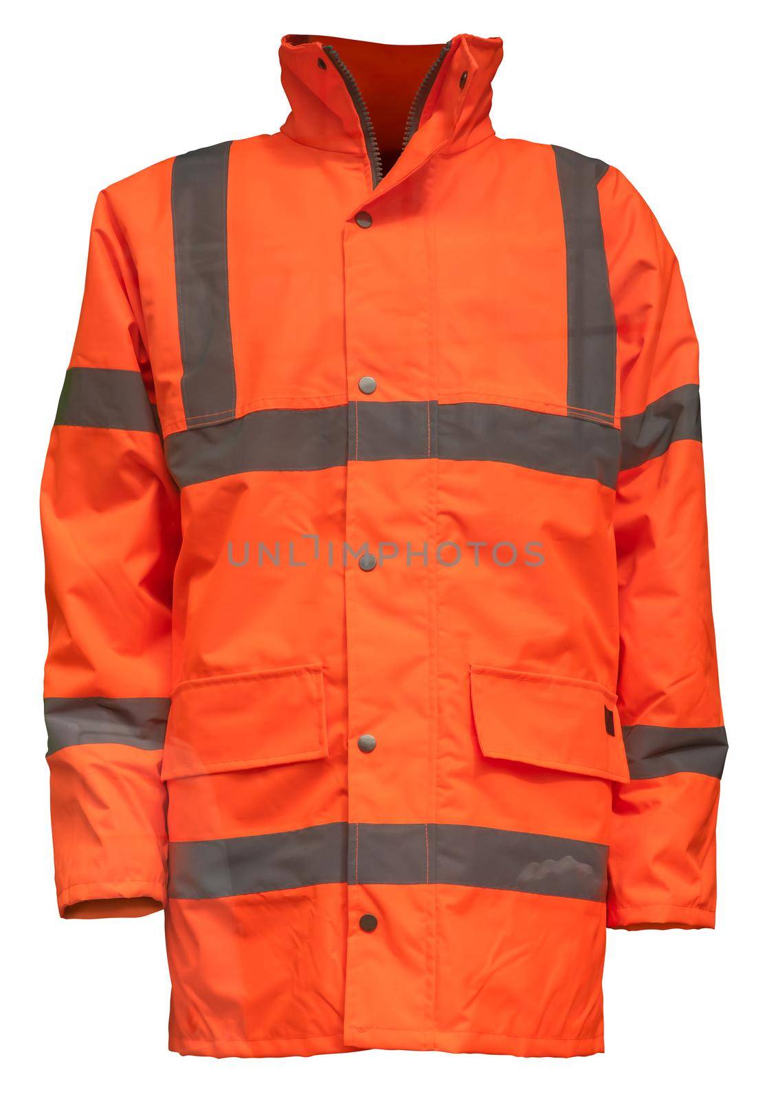 An Orange High Visibility (Hi Vis) Safety Jacket, Isolated On A White Background