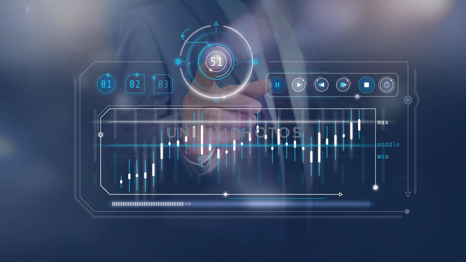 The virtual holographic panel displays infographics of stock quotes.