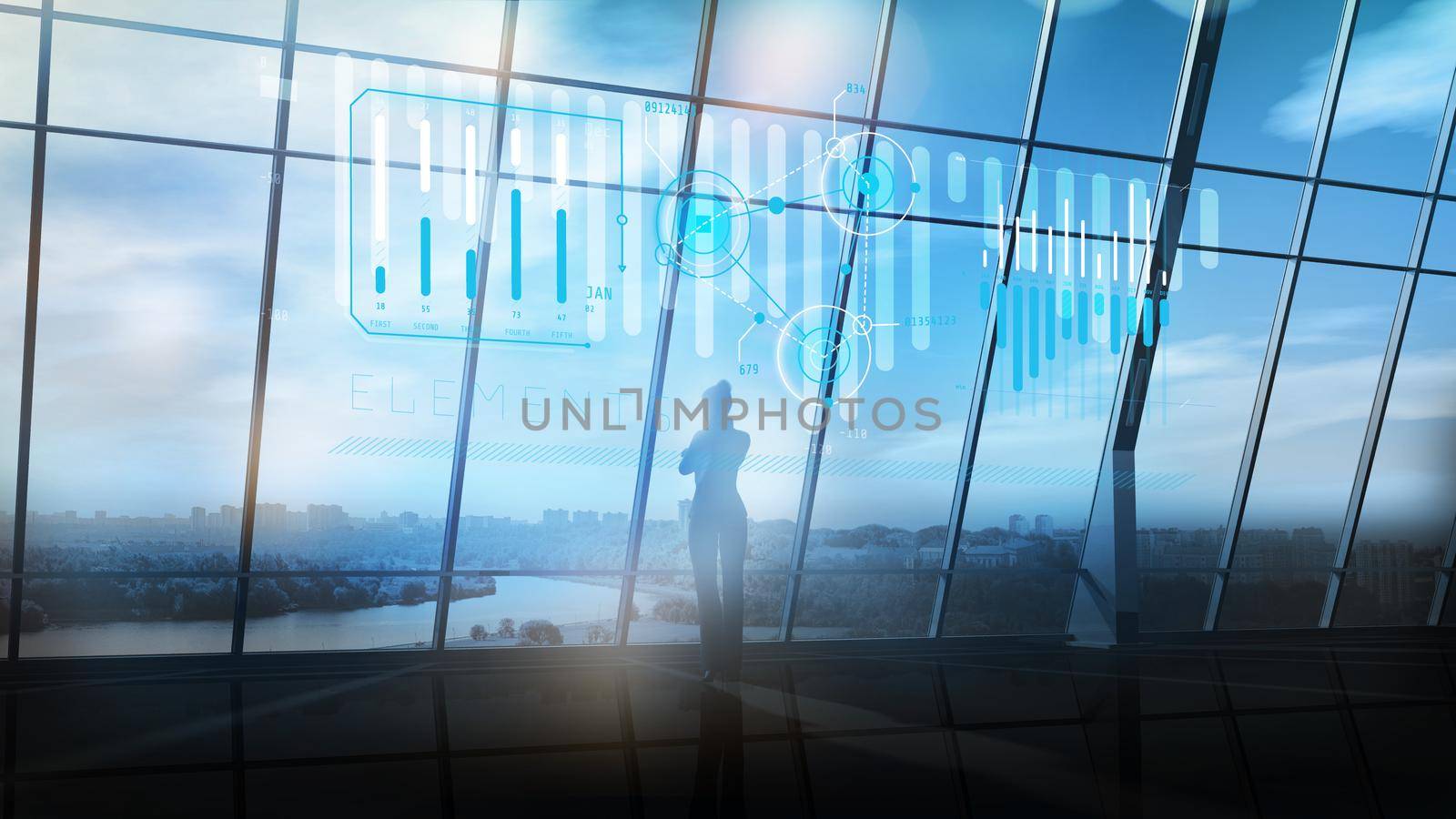 Silhouette of a woman in the office and infographics on this background. . 3D render by ConceptCafe