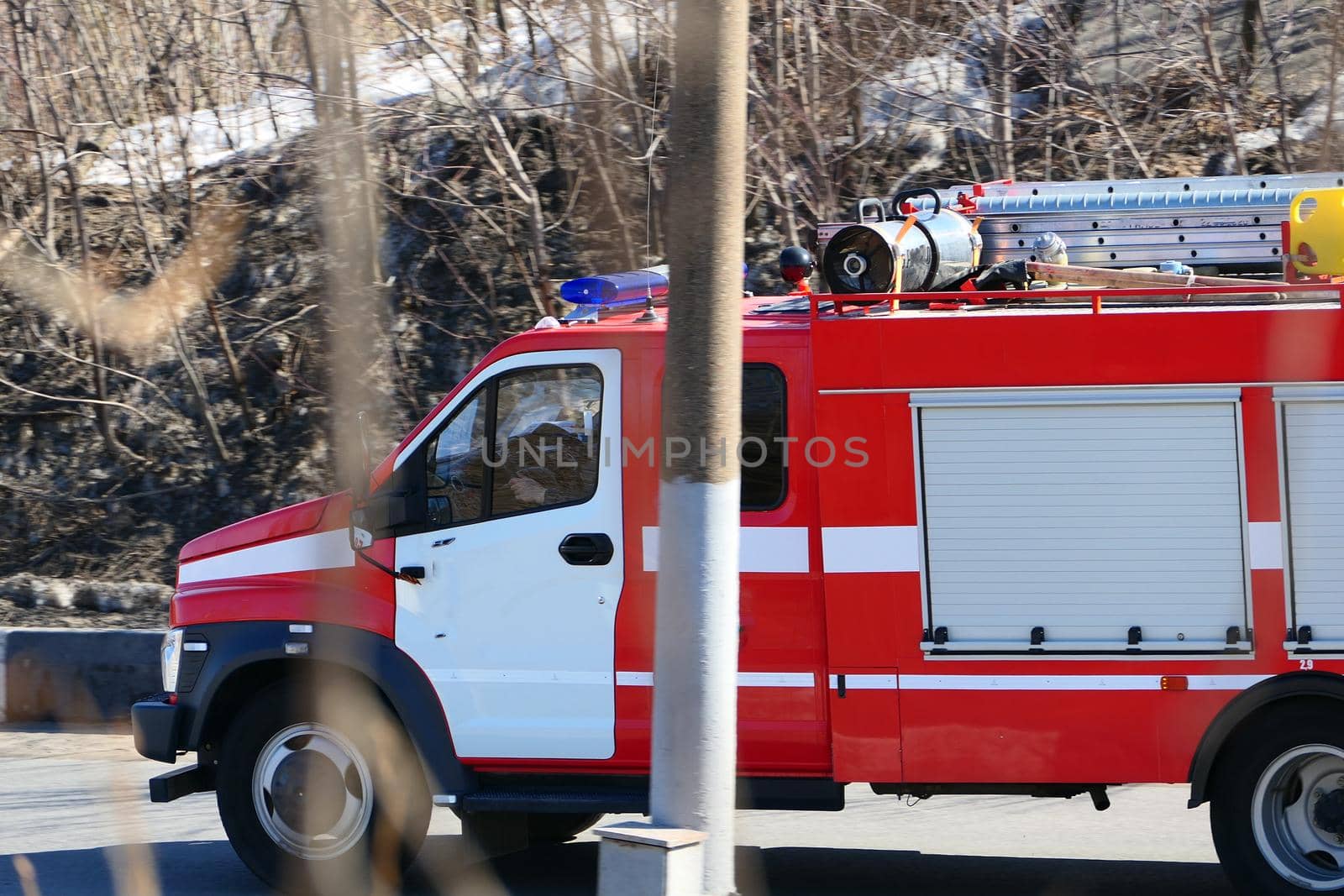 Special freight transport on the road. The fema car or fire service is on the road. by Olga26