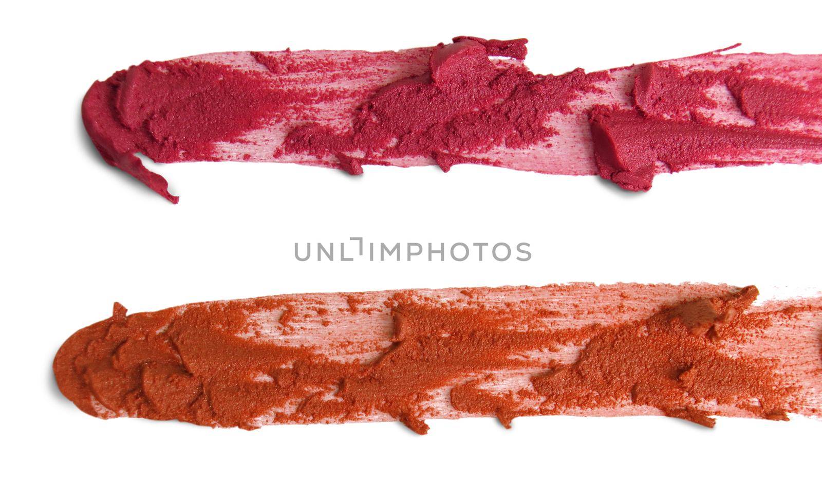 close up of a smudged lipstick on white background