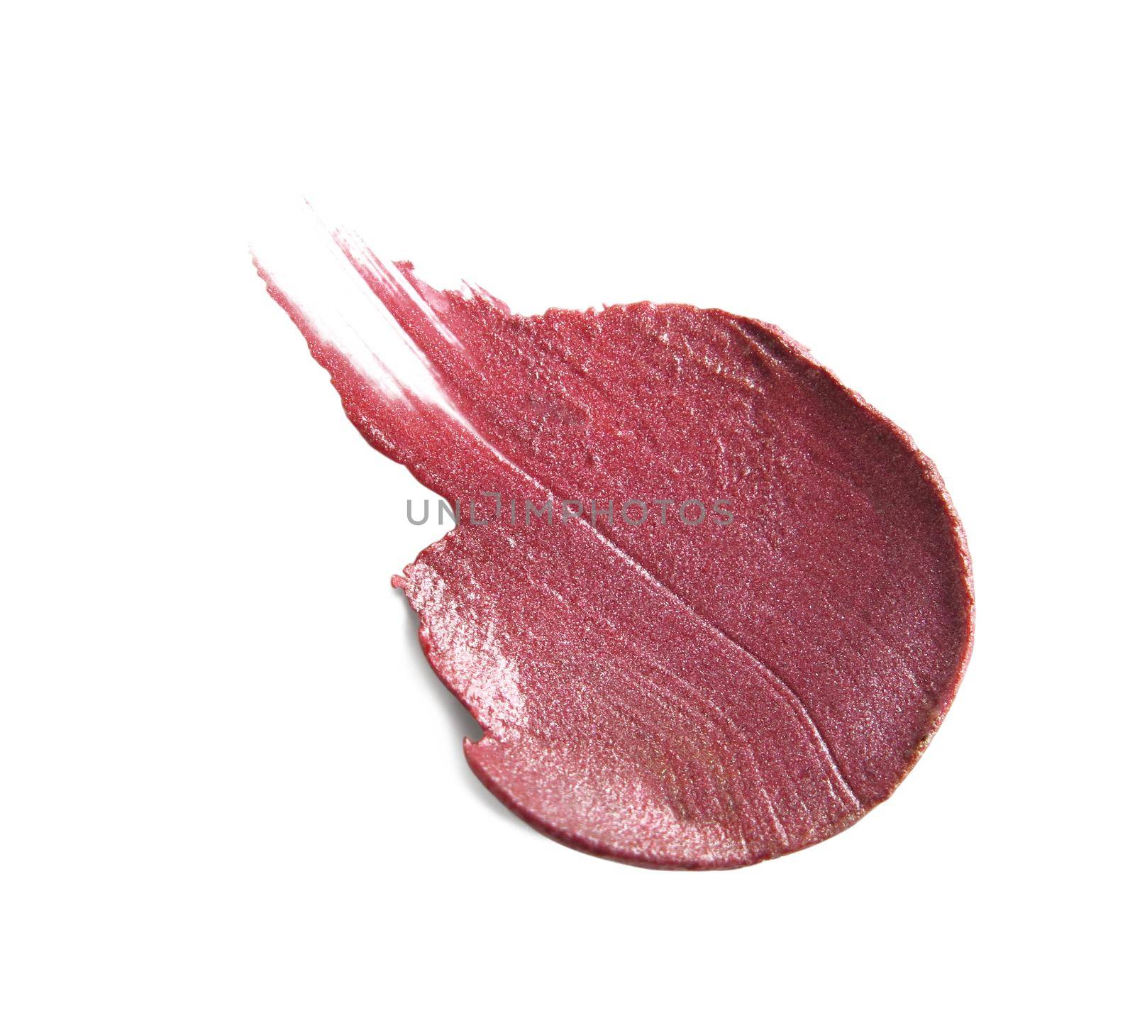 close up of a smudged lipstick on white background