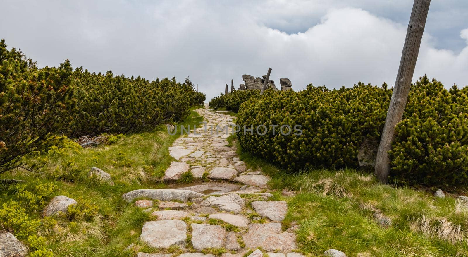 Long mountain trail with panorama of Karkonosze Giant Mountains around