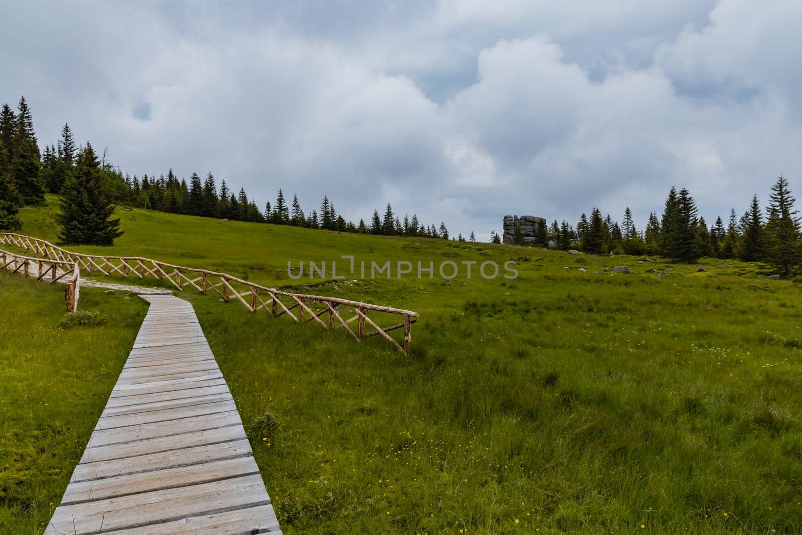 Long mountain trail with panorama of Karkonosze Giant Mountains around