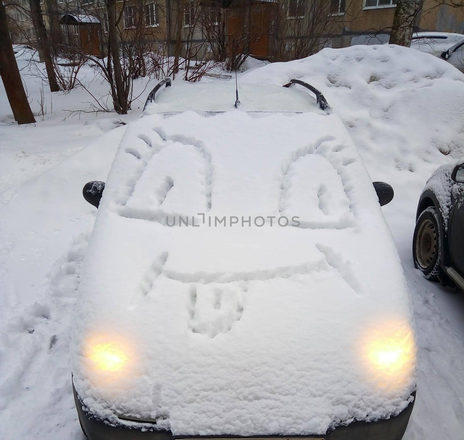 A car covered in snow, with a funny face on the hood. Winter fun.