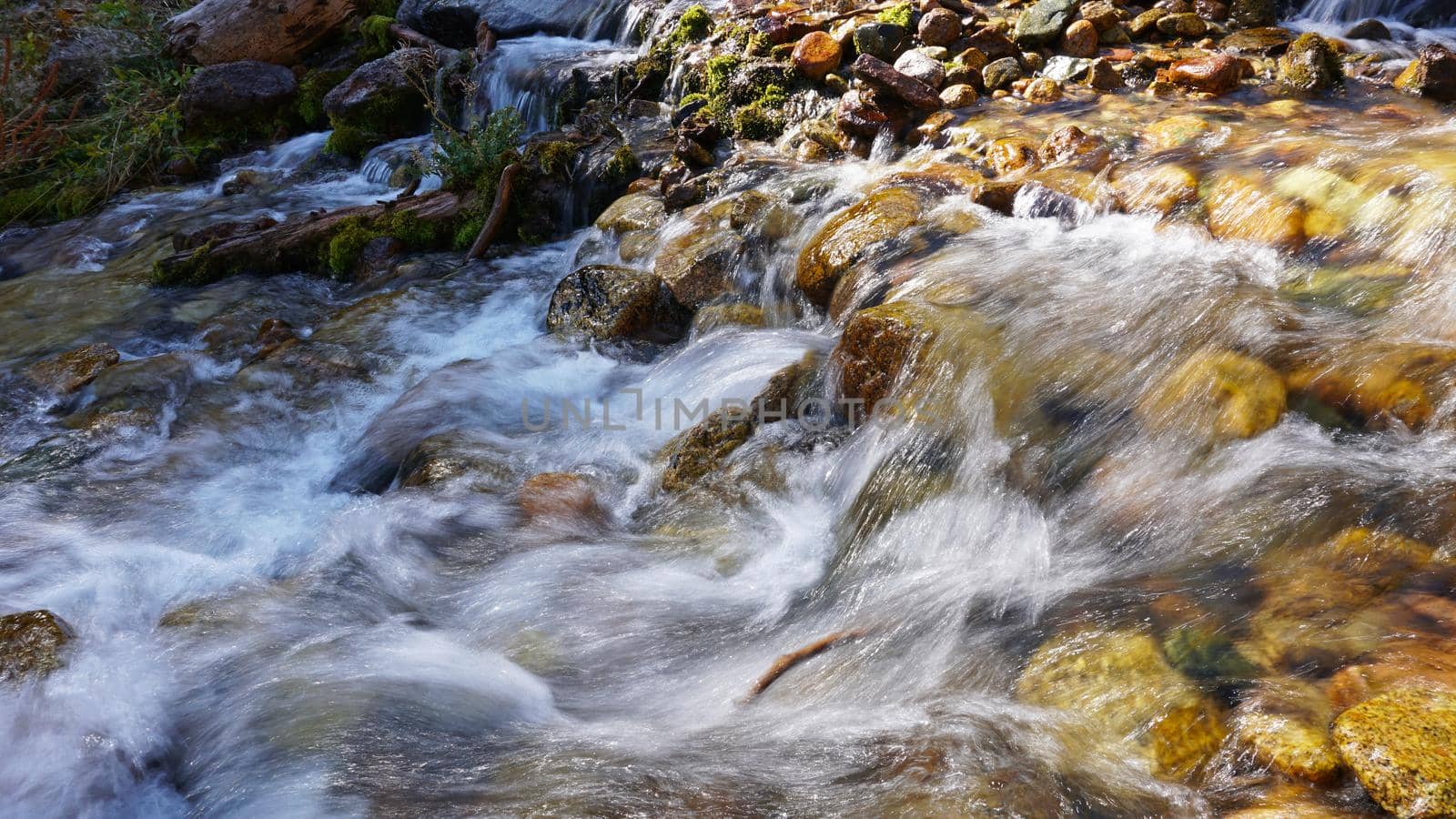 River in the gorge of mountains and forests. Autumn time. Yellow leaves on the trees, the grass is green-yellow. Moss is green on the rocks. A small river with a cascade of water. Forest landscape.