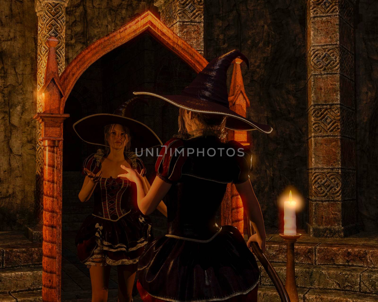 Mystical woman looks in the magic mirror - 3d rendering