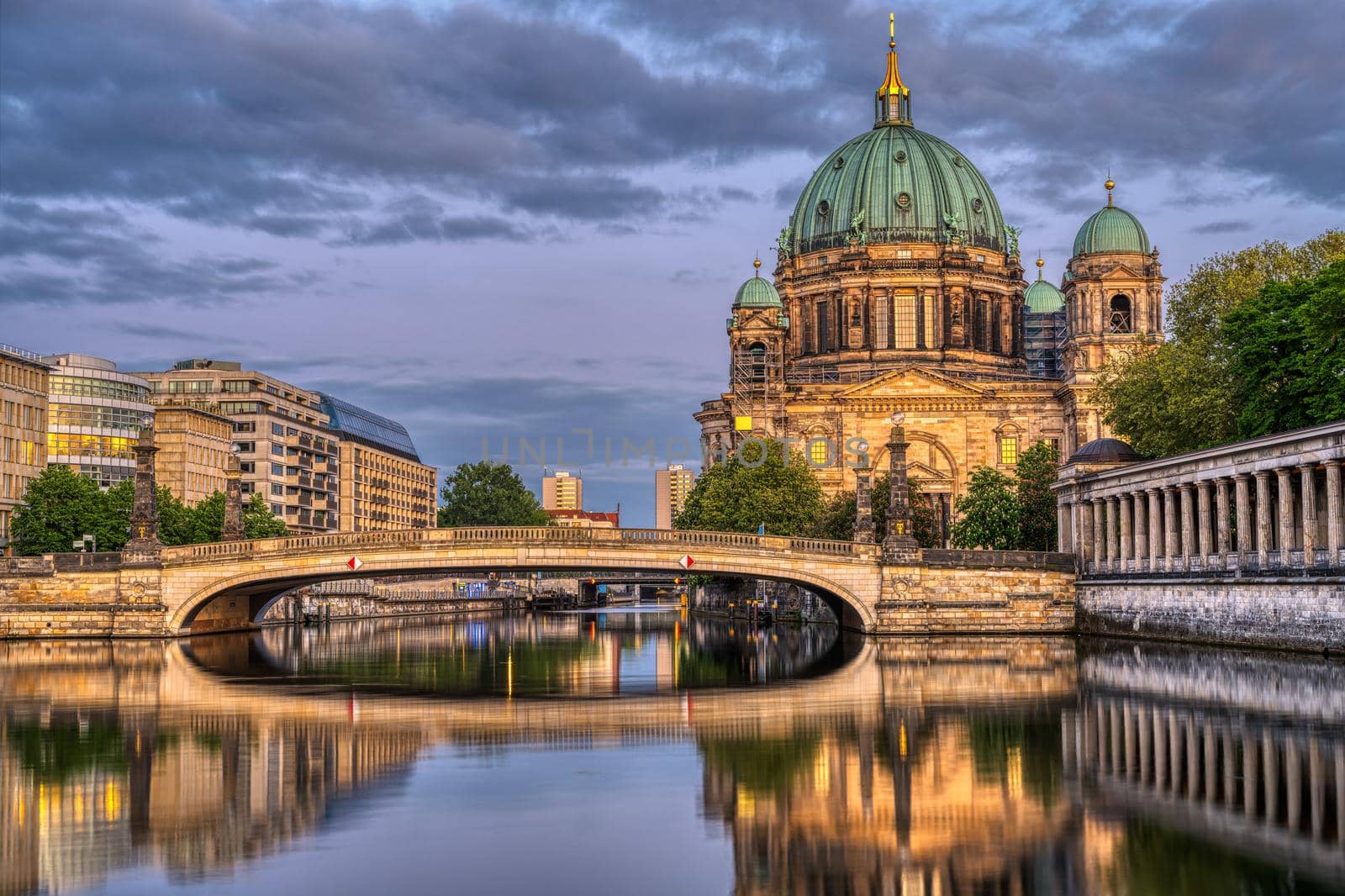 The Berlin Cathedral, the museum island and the river Spree at dusk