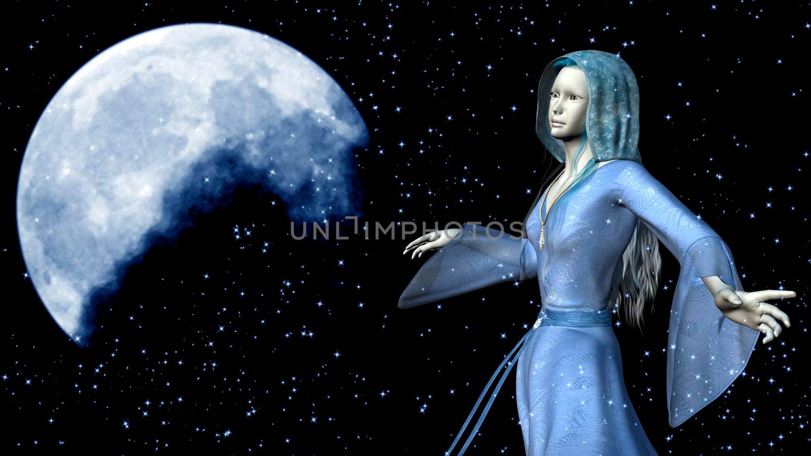 Elf woman in a magical night sky background - 3D rendering by ankarb